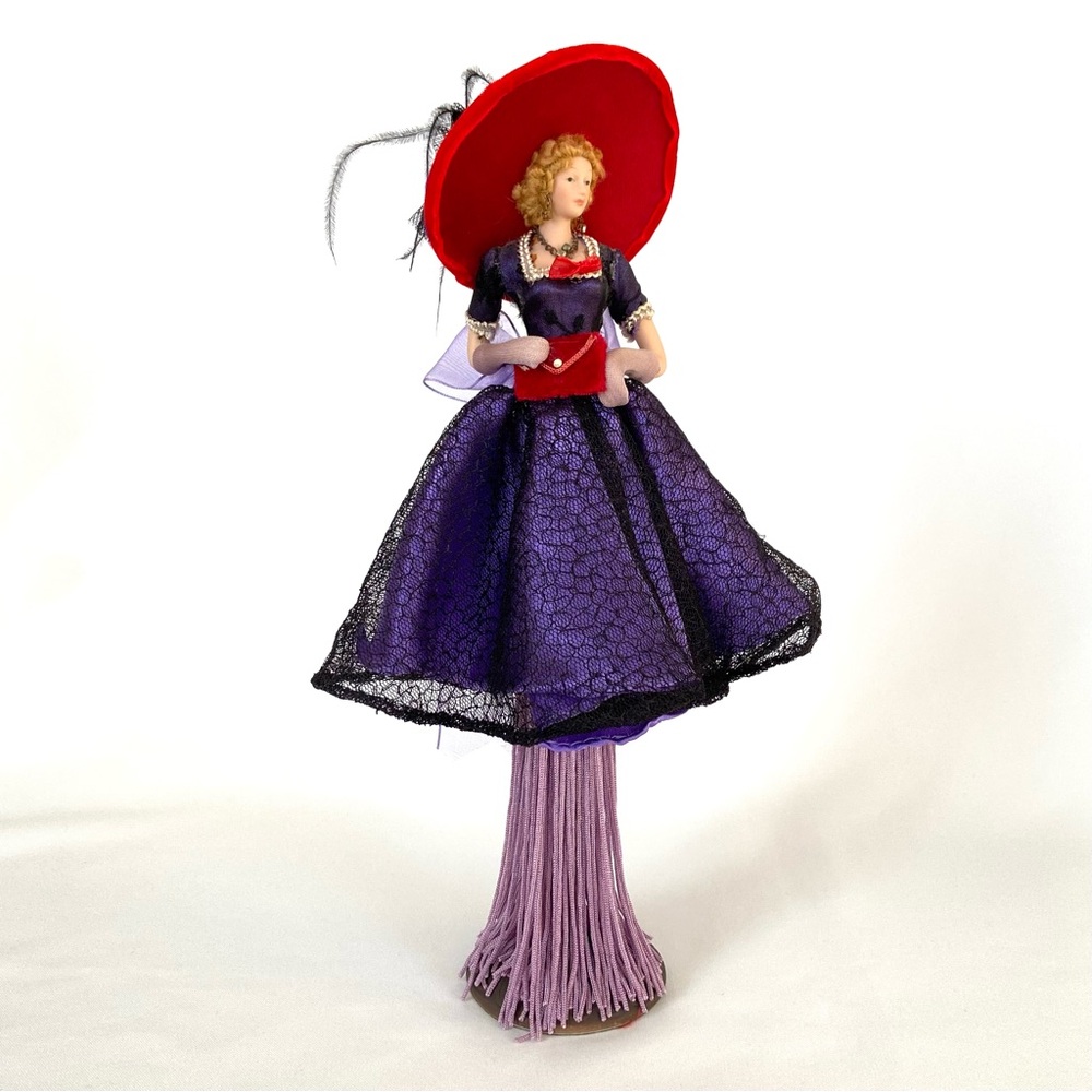 Vintage 11” Belinda Porcelain Tassel Doll Purple Lace Dress Red Hat Society